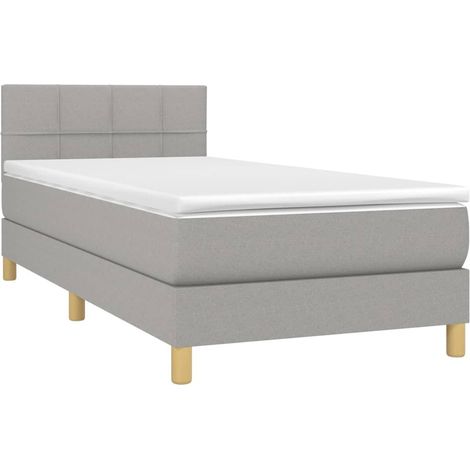 Estructura de cama LED con somier de láminas, cabecero, colchón 90x190cm, tela gris claro TDL0209485
