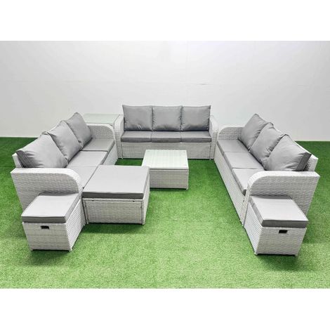 Fimous PE Rattan Lounge Sofa Set 12 Seater Outdoor Garden Furniture Set with Square Coffee Table 3 Seater Sofa 3 Stools Side Table Light Grey (1/4)
