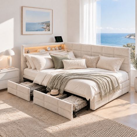 Canapé-lit 140x190cm avec sommier, Lit double en tissu lin beige avec LED et USB, Lit banquette avec 2 tiroirs, idéal studio, loft et petite chambre