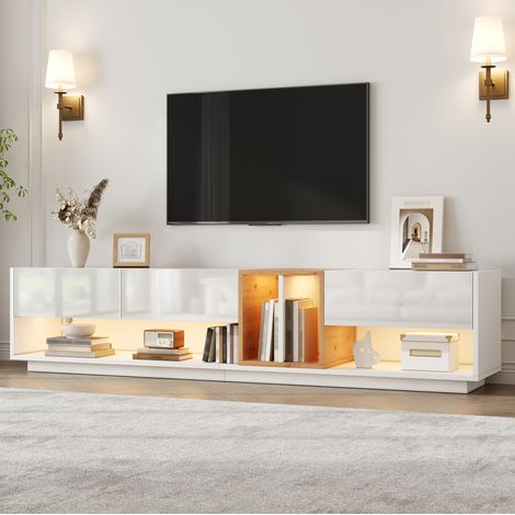 Mobile TV basso 190 x 38 x 42 cm con LED controllato da app, 3 ante, finitura lucida, bianco (1/5)