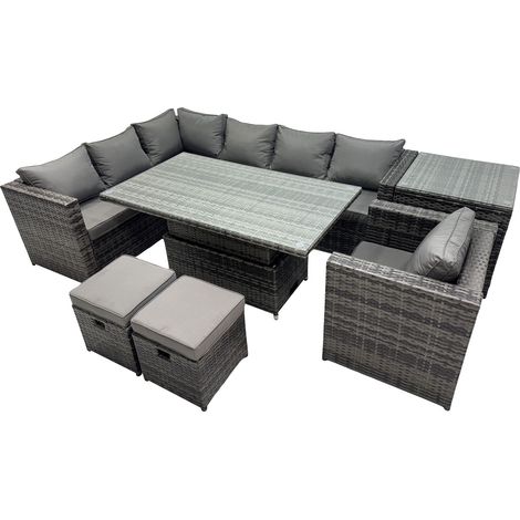 Fimous 9-seater Height Adjustable Rising Lifting Table Corner Sofa Set Rattan Garden Furniture Dining Set with 2 Small Stool Side Table Dark Grey Mixed (1/5)