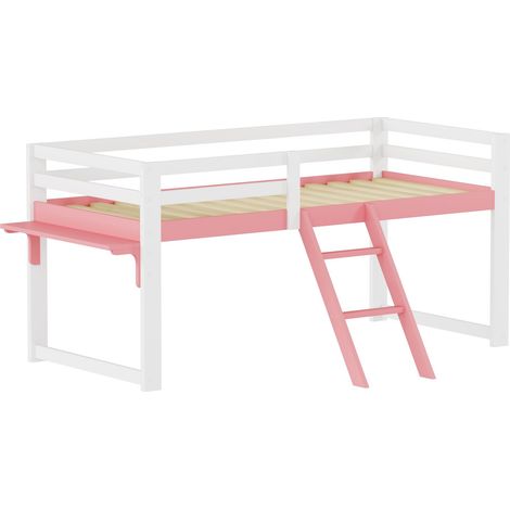 Lit mezzanine enfant 90 x 200 cm en pin massif, avec protection antichute, échelle fixe et table de rangement, sommier à lattes inclus, coloris blanc et rose, DE602090PW (1/5)