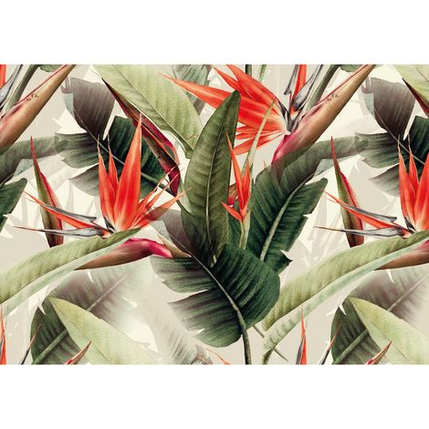 Papier peint panoramique tropical vert & rouge Tapisserie panoramique exotique chambre Papier peint panoramique jungle idéal salon (1/2)