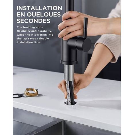 Robinet de cuisine Noir,Robinet de Cuisine avec Douchette Extensible Rotatif à 360°.Monocommande Evier Froide et Chaud (1/5)