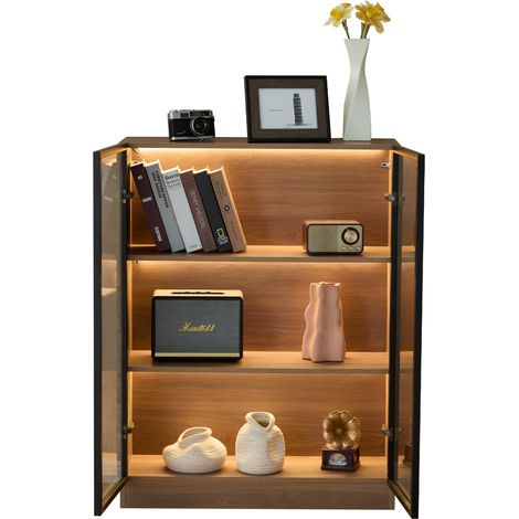 Vitrine en verre avec éclairage LED, meuble d'exposition à 3 niveaux, portes aluminium, finition bois foncé, pour collection, bijoux et vin CHICFURN (1/5)