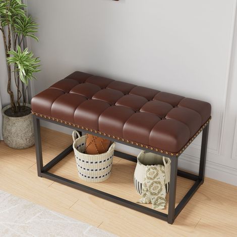 Banco de Pie de Cama Capitoné en Polipiel PVC, Estructura de Metal, Patas Antideslizantes, Metal y Madera, Negro Marrón (1/5)