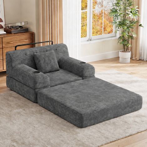 Divano letto singolo in velluto a coste, schienale alto, schiuma densa e portabicchieri, grigio (1/5)
