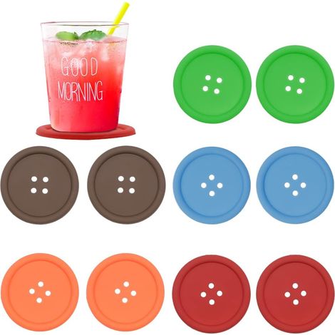 Lot de 10 dessous de verre en silicone  En forme de bouton  Rond  Avec rainures profondes et antidérapantes (1/5)