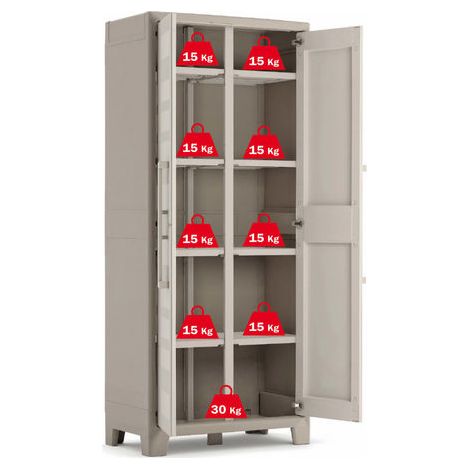 Keter – Armoire de jardin imperméable 2 portes – 8 étagères réglables – Plastique gris finition bois – Capacité 15 kg par étagère