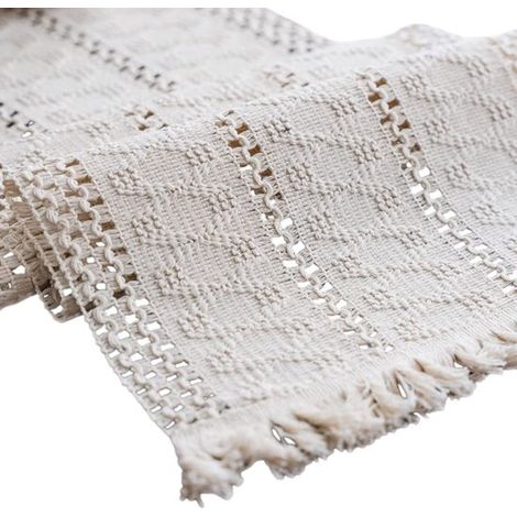 1 camino de mesa rectangular de encaje tejido a crochet con borla hueca, color beige, 30x160cm, algodón. (1/5)