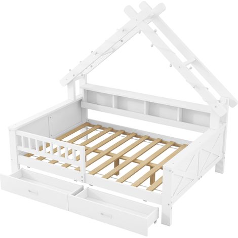 Lit Cabane Lit Double avec LED, 2 Tiroirs et Étagères, 140×200 cm, avec Barrière, sans Matelas, Blanc (1/4)