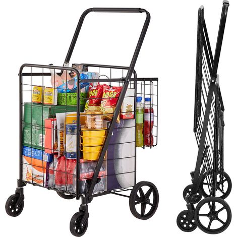 VEVOR Carro de Compra Plegable Carga de 50 kg con 4 Ruedas Más de 85 L Carro de Supermercado con 2 Cestas Carro de Compra de Hierro Carro Multiusos Resistente para Ir de Compras (1/5)