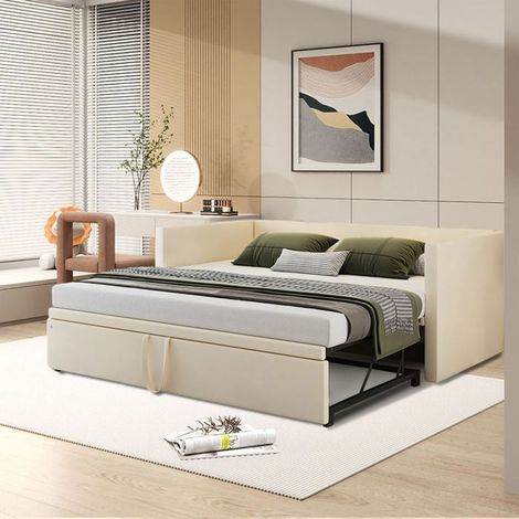 Ausziehbares Bettgestell 90x200 cm - Erweiterbar von 90(180)x200 cm - Stoffvelours - Beige - Modern