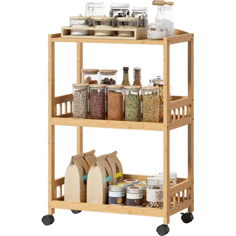 Chariot de cuisine à 3 niveaux, desserte à roulettes en bambou pour chambre, salon, bureau, 53x30,5x83cm, bois naturel