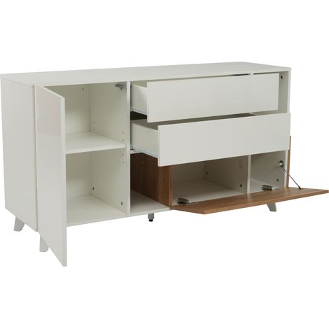 Credenza bianca lucida e rovere chiaro in pannelli truciolari 130 x 40 x 70 cm con 2 cassetti e ante (1/5)