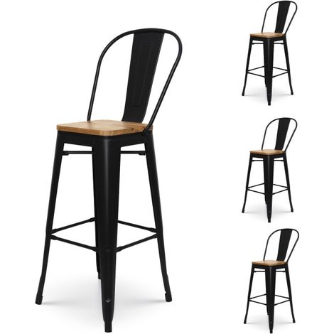 Set mit 4 Barhockern im mattschwarzen Metall-Industriestil mit hoher Rückenlehne und Sitz aus hellem Holz - Höhe 76 cm