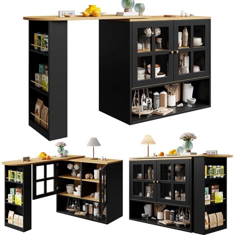 360° drehbare Essbar, schlicht und modern, multifunktional, geeignet für Schlafzimmer, Wohnzimmer, Esszimmer, mit Snackregal, 5 Ablageflächen, drehbarer Sideboardschrank mit Regalen und Glas, schwarz