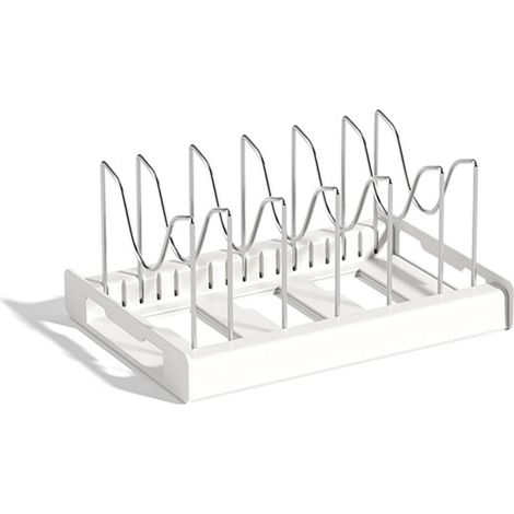1 organisateur extensible pour casseroles et poêles, 7 panneaux réglables en acier inoxydable, noir et gris, pour placards de cuisine (1/5)