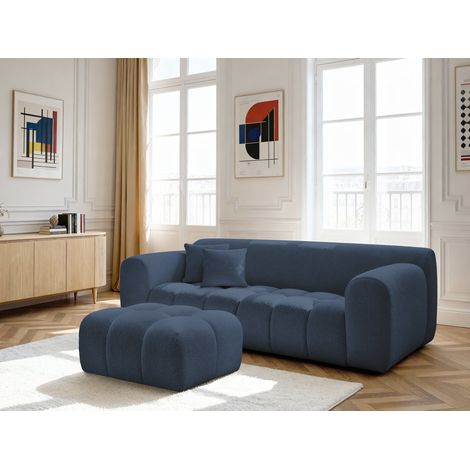 BOBOCHIC - Canapé droit fixe 3 places MELISSE tissu chiné avec pouf   Bleu