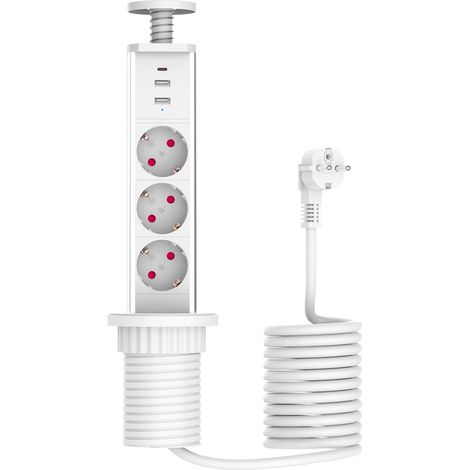 Multiprise escamotable avec USB C PD 20 W et 2 USB A, 3 prises encastrables pour cuisine et bureau, prise de table pop-up avec câble de 1,8 m, Ø 60 mm, blanc (1/5)
