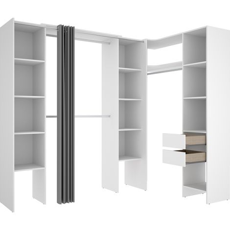 Pegane – Dressing d'angle extensible en bois mélaminé blanc – Longueur 164-234 cm – Profondeur 141 cm – Hauteur 205 cm – 2 tiroirs et étagères intérieures (1/5)