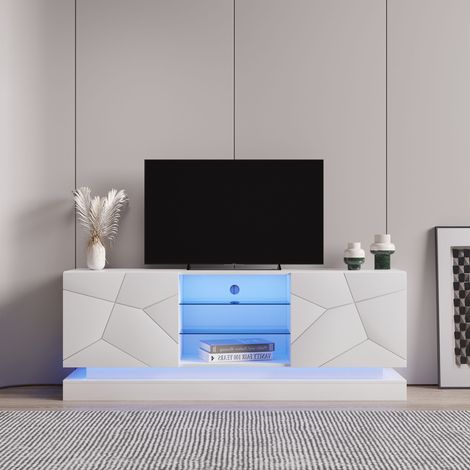 Mobile TV bianco lucido con LED a 16 colori e ripiano in vetro regolabile (1/5)