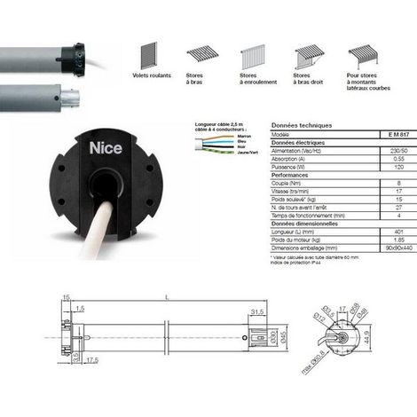 Nice – Moteur ERA M Ø 45 mm filaire – Couple 8 Nm – Vitesse 17 Rpm – Charge max 15 Kg – Fin de course mécanique
