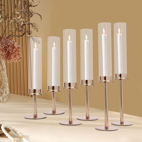 Lot de 6 bougeoirs dorés avec abat-jour en verre, bougeoirs résistants au vent, pour mariages, anniversaires et fêtes, Luminaire (1/5)