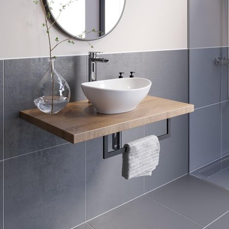 Bathroom Oak Wall Hung Vanity Unit and Basin Sink Cabinet Storage 600mm Floating Shelf with 405mm Oval White Basin (1/5)