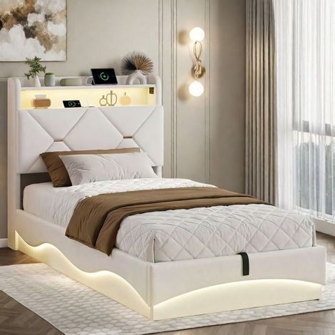 Cama litera 90x200 cm con somier de lamas y LED, cama individual con caja de almacenamiento, cama para adultos con USB, sin colchón, beige. (1/5)
