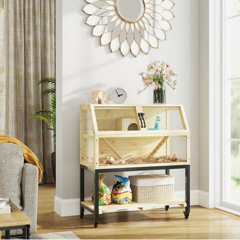 Jaula para hámster enano 87x43x101 cm de madera natural con almacenamiento FloraGrace (1/5)