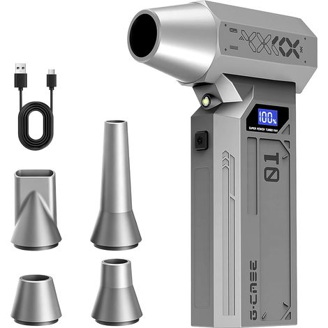 Souffleur air comprimé rechargeable, Mini Souffleur Sans Fil Puissant 4 Vitesses avec Écran Numérique HD, Soufflette dépoussiéreur 4 Buses pour PC Ordinateur, Maison, Voiture, Extérieur (Gris argenté) (1/5)