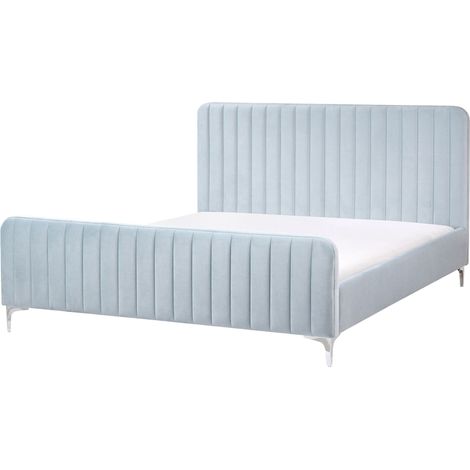 Bed Frame Light Blue Velvet EU King Size 5ft3 Tufted Headboard Metal Legs Modern Design LUNAN