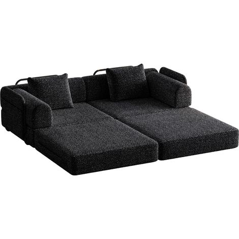 Divano Letto 2 Posti con Vano Portaoggetti nel Bracciolo, Struttura in Acciaio, Chenille Nero (1/5)