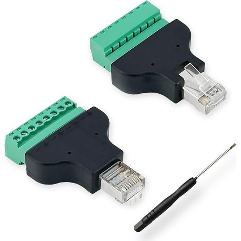 RJ45-Stecker auf Klemmenblock-Adapter – 2er-Pack – Kunststoff und Metall – Werkzeuglose Verbindung für Videoüberwachung – Cat5/6/7 Ethernet-Netzwerk – Schwarz und Grün (1/5)