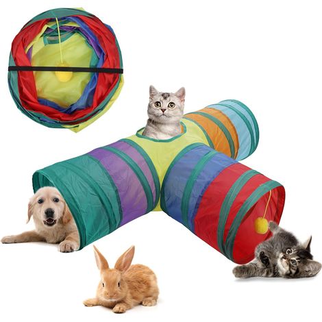 Tunnel pour chat à 3 voies, joli tunnel pour lapin avec balle de jeu, tunnel pliable pour lapins, cochons d'Inde, chatons et autres petits animaux (coloré) (1/4)