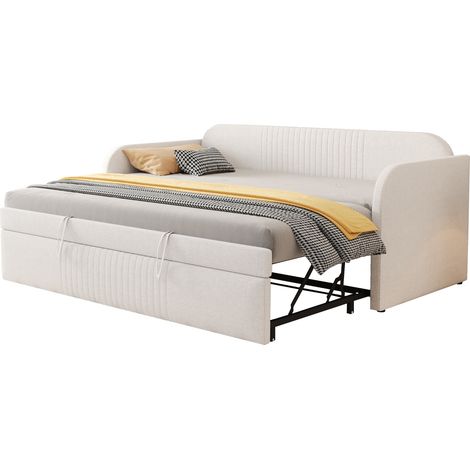 Canapé-lit extensible 90/180 x 190 cm en tissu beige, avec lattes et structure métal, design à rayures verticales, convertible pour salon ou chambre - CHICFURN (1/5)
