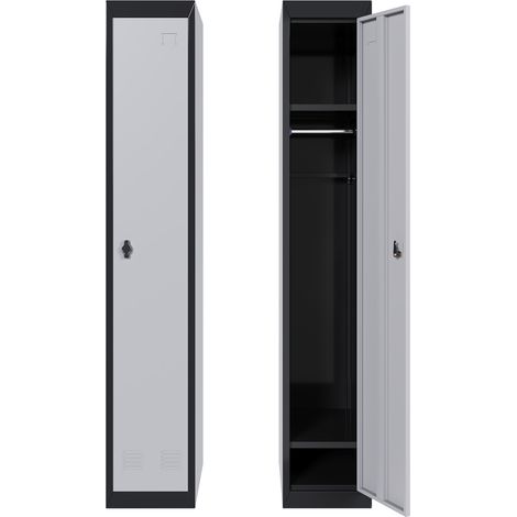 Casier vestiaire métallique verrouillable 1 porte 72" – armoire de rangement acier avec 2 étagères + tringle – pour bureau/école/salle de sport/garage – Gris clair/Noir (1/5)