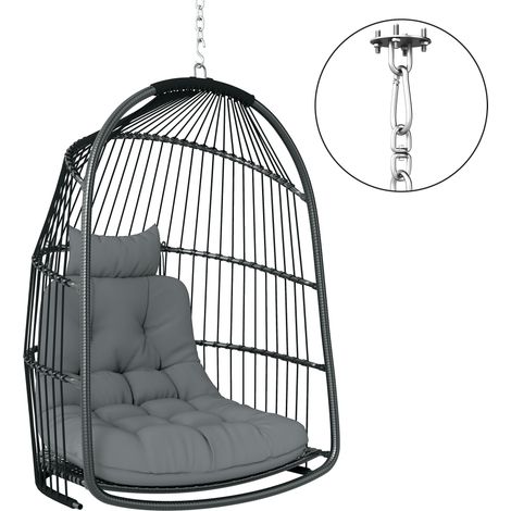 Hanging Egg Chair, Foldable Rattan Garden Swing Chair with Installation Kit, Thickened Cushion Headrest, Indoor Outdoor Hanging Egg Basket Seat for Patio, Porch, Dark Grey (1/5)