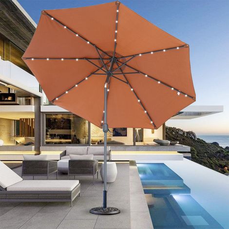 2.7M Garden Solar LED Parasol Sun Shade Patio Umbrella with Tilt Crank Coffee w/ Base (1/5)