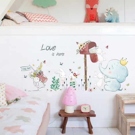 Sticker mural éléphant et lapin de dessin animé (Dimensions : 110 cm x 52 cm) (1/5)