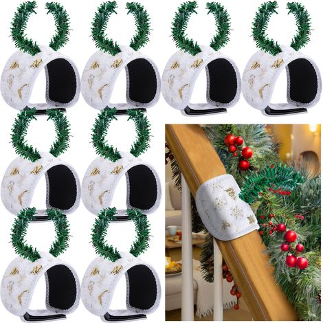 Supports de guirlande de Noël réglables avec protection rembourrée, ensemble de 8 pièces pour décoration de rampe d'escalier et de couronne, blanc (1/5)