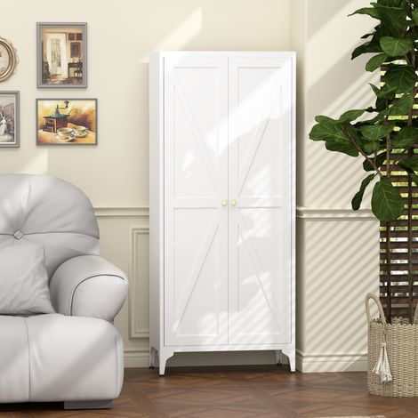 Armario metálico de 2 puertas con estantes ajustables, armario alto de acero para cocina, sala de estar, comedor y oficina, color blanco. (1/5)