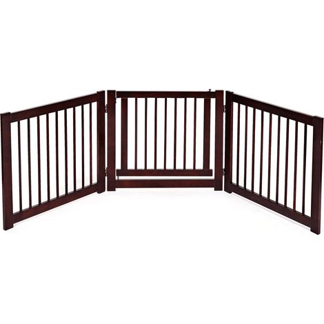 Barrière de porte pliable pour chien 206 x 61 x 1,8 cm design réglable avec porte pivotante en bois de pin marron