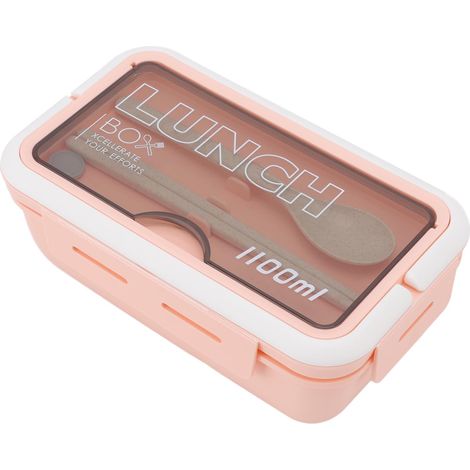Zweigeteilte, 1100 ml fassende, rosafarbene Lunchbox, ideal für Erwachsene. Inklusive Löffel und Essstäbchen. Perfekt für Büro oder Schule. (1/5)