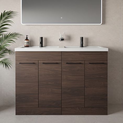 Napoli 390 Brown Oak 1200mm 4 Door Vanity Unit with Double Lucia Basins - 1200mm - Matt Black 160mm Handle