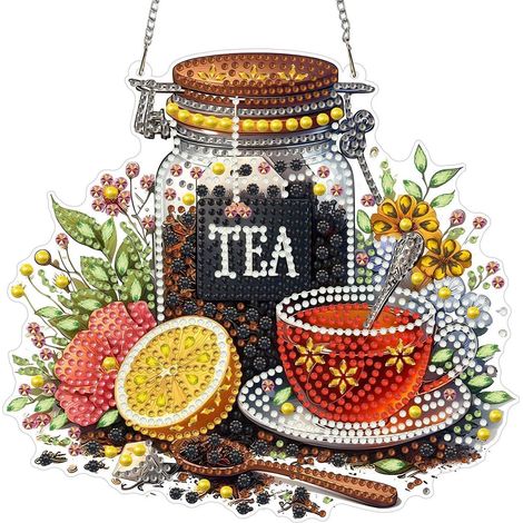 Kit de peinture diamant Tasse à thé avec citron, pendentif fenêtre 20x20cm