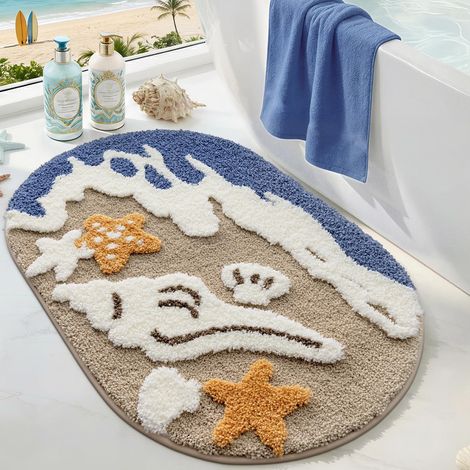 Tapis de Bain Antidérapant Absorbant Ovale 5080cm Beige Marine Plage Tapis Douche Super Absorbant,Lavable en machine, Motifs 2D (1/5)