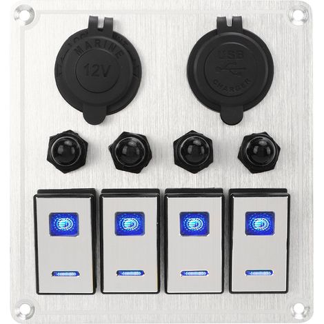 Panneau de 4 interrupteurs à bascule étanches pour bateaux et applications marines, finition argent oxyde, avec double témoin lumineux bleu. (1/5)