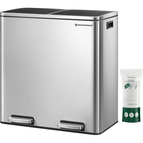 Songmics – Poubelle à pédale double compartiment 2 x 30L – Ouverture à 80° – 15 sacs fournis – Poignée latérale pour déplacement facile – Argent